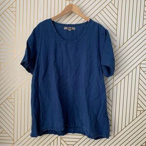 FLAX 100% Linen Fundamental Tee in Sapphire blue scoop neck Lagenlook boho 1G 1X